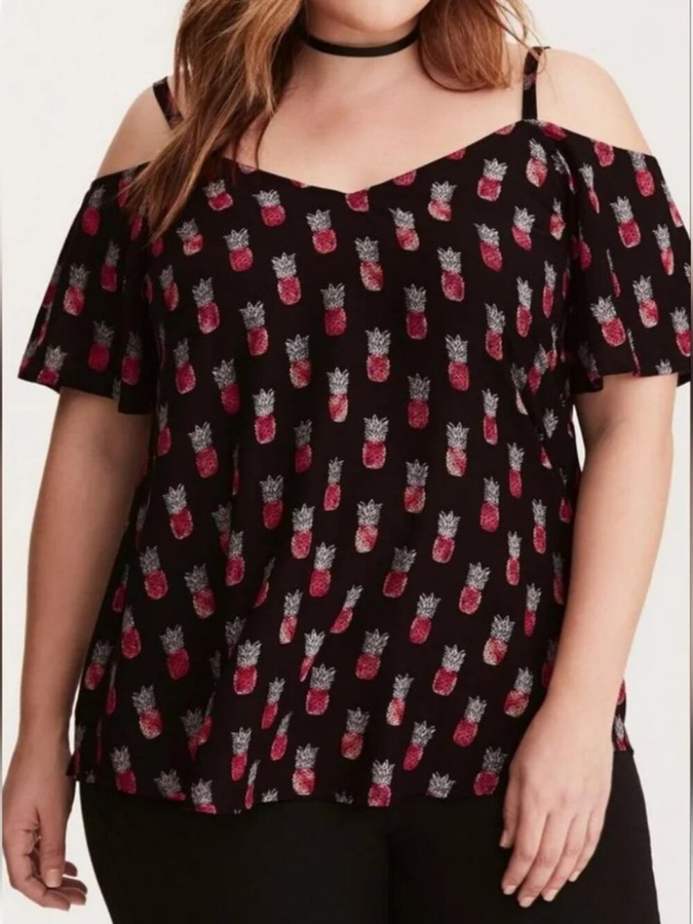 Torrid Pineapple Print Black Cold Shoulder Blouse NWT Size 0
